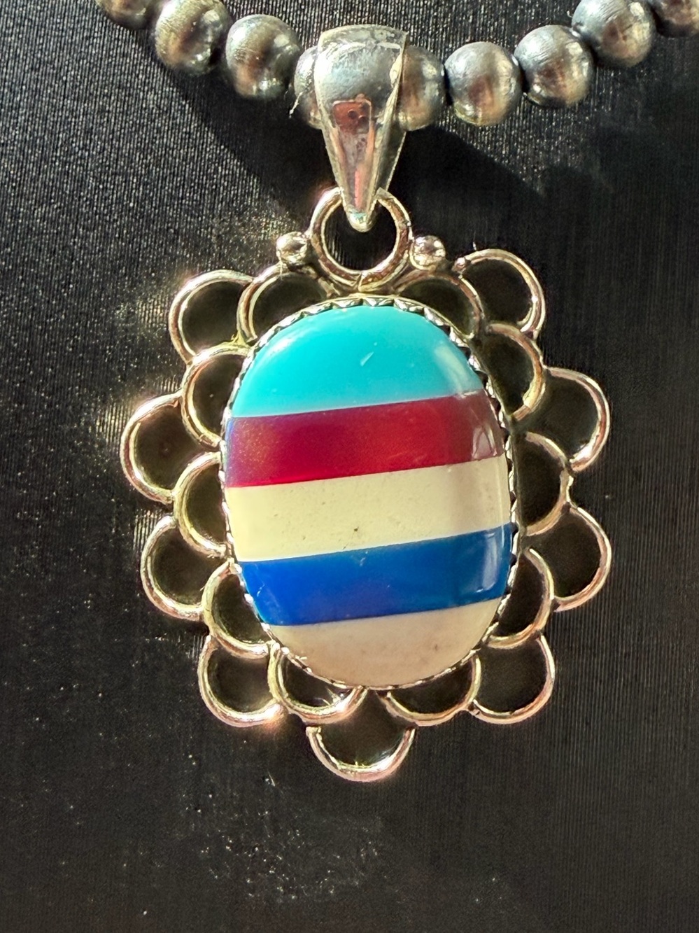 Multicolor Striped Oval Sterling Silver Pendant Necklace - Women Jewelry